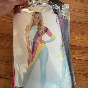 Colorblock One-Arm Jumpsuit - Pastel Blue with Pink, Purple & Yellow